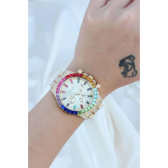 Clariss Trend Gold Metal Kordonlu Zirkon Taş Kaplama Renkli Taşlı Kasa Tasarımlı Lüx Kadın Kol Saati ( Lisinya ) Clariss Trend Gold Metal Kordonlu Zirkon Taş Kaplama Renkli Taşlı Kasa Tasarımlı Lüx Kadın Kol Saati ( Lisinya )