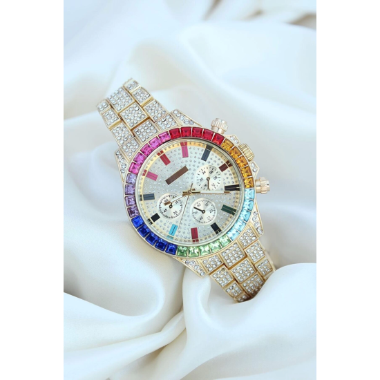 Clariss Trend Gold Metal Kordonlu Zirkon Taş Kaplama Renkli Taşlı Kasa Tasarımlı Lüx Kadın Kol Saati ( Lisinya ) Clariss Trend Gold Metal Kordonlu Zirkon Taş Kaplama Renkli Taşlı Kasa Tasarımlı Lüx Kadın Kol Saati ( Lisinya )