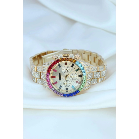 Clariss Trend Gold Metal Kordonlu Zirkon Taş Kaplama Renkli Taşlı Kasa Tasarımlı Lüx Kadın Kol Saati ( Lisinya ) Clariss Trend Gold Metal Kordonlu Zirkon Taş Kaplama Renkli Taşlı Kasa Tasarımlı Lüx Kadın Kol Saati ( Lisinya )