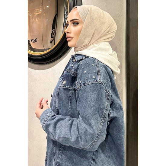Omuz Taş Detay Koyu Mavi Kot Ceket Oversize ( Lisinya ) Omuz Taş Detay Koyu Mavi Kot Ceket Oversize ( Lisinya )