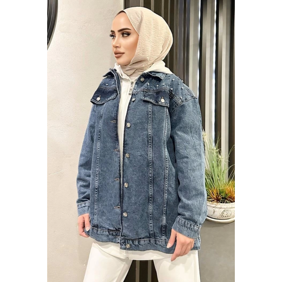 Omuz Taş Detay Koyu Mavi Kot Ceket Oversize ( Lisinya ) Omuz Taş Detay Koyu Mavi Kot Ceket Oversize ( Lisinya )