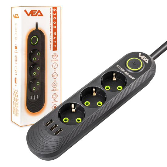 Vea Va-21557 3lü 1.5 Metre Kablolu 3 Usbli Siyah Akım Korumalı Priz ( Lisinya ) Vea Va-21557 3lü 1.5 Metre Kablolu 3 Usbli Siyah Akım Korumalı Priz ( Lisinya )