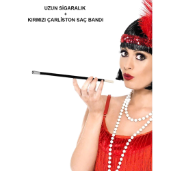 192039ler 199039lar Gatsby Kadın Aksesuar Seti – Kırmızı Charleston Saç Bandı Ve Lık - Lisinya