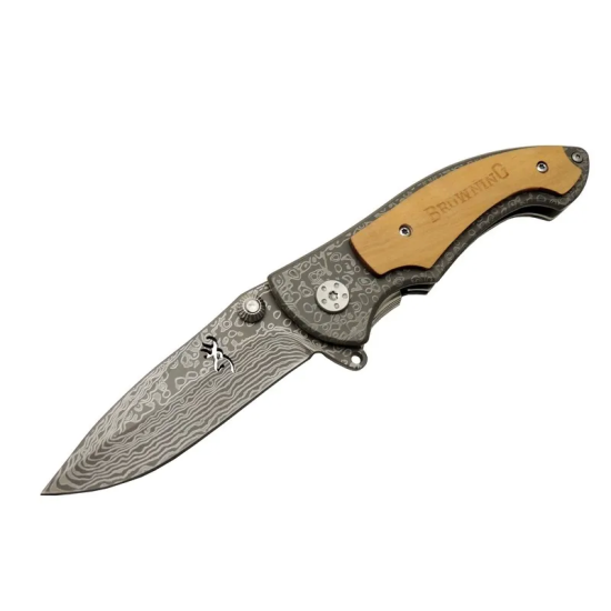 2-31 Damascus Kamp Çakı 19,5cm - Yarı Otomatik, Kemerlikli, Ahşap Metal Sap - Lisinya 2-31 Damascus Kamp Çakı 19,5cm - Yarı Otomatik, Kemerlikli, Ahşap Metal Sap - Lisinya