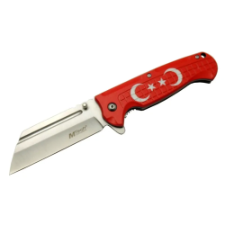 4-27 Kırmızı Tanto Kamp Çakı 21cm - Yarı Otomatik, Kemerlikli, Ay-yıldız Baskılı Sap - Lisinya