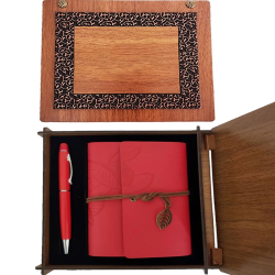 Ahşap Kutulu Kırmızı Deri Defter Ve Metal Kalem Set - Lisinya