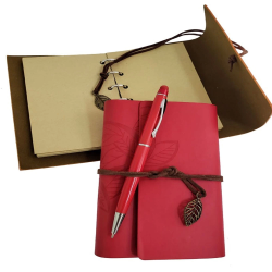 Ahşap Kutulu Kırmızı Deri Defter Ve Metal Kalem Set - Lisinya