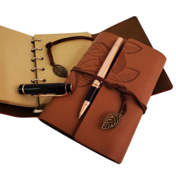 Özel Ahşap Kutulu Taba Deri Defter Ve Bakır Roller Kalem Set - Lisinya