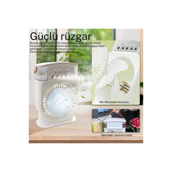 Şarjlı 600 Ml Su Hazneli Taşınabilir Masaüstü Vanilatör Güçlü Fan Ve 2000 Mah Pil Beyaz - Lisinya