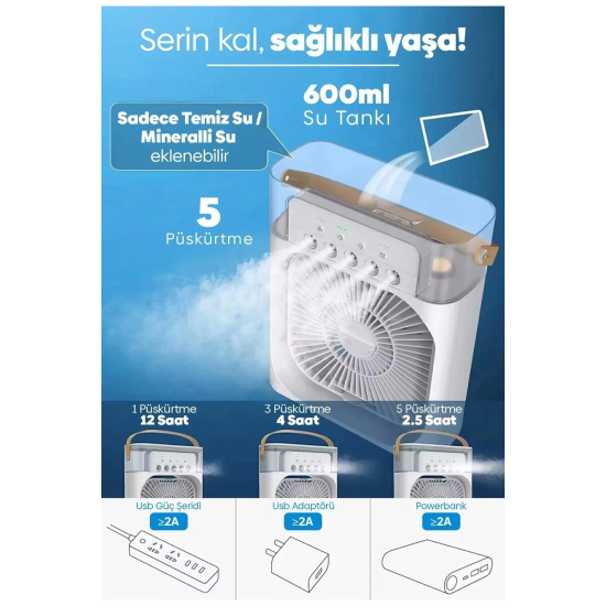 Taşınabilir Işıklı 5 Spreyli Vantilatör Buzlu Buharlı Vantilatör Mini Fan Nemlendirici - Lisinya Taşınabilir Işıklı 5 Spreyli Vantilatör Buzlu Buharlı Vantilatör Mini Fan Nemlendirici - Lisinya