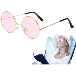 Yulak Cam John Lennon Tarzı Hippi Gold Çerçeveli Pembe Gözlük - Lisinya