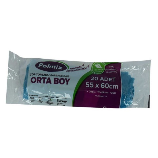 Çöp Torbası Orta Boy 55x60Cm 70Gr 11Mikron 30Lt Mavi Rulo 20 Adet Çöp Torbası Orta Boy 55x60Cm 70Gr 11Mikron 30Lt Mavi Rulo 20 Adet