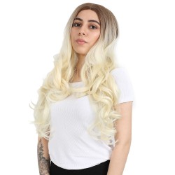 Yoğun Dalgalı Fiber Sentetik Uzun Perçemsiz Peruk / Kumral / Platin Ombreli