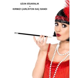 1920&#39;ler 1990&#39;lar Gatsby Kadın Aksesuar Seti – Kırmızı Charleston Saç Bandı ve Sigaralık