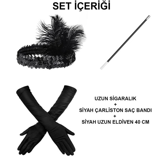 1920'ler Gatsby Aksesuar Seti – Siyah Charleston Saç Bandı, Uzun Eldiven & Sigaralık 1920'ler Gatsby Aksesuar Seti – Siyah Charleston Saç Bandı, Uzun Eldiven & Sigaralık