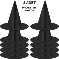 8 Adet Siyah Cadı Şapkası – Yetişkin & Çocuk Kostüm Aksesuarı