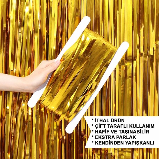 Altın Gold Renk Ekstra Metalize Parlak Saçaklı Arka Fon Perde İthal A Kalite 1x2 Metre Altın Gold Renk Ekstra Metalize Parlak Saçaklı Arka Fon Perde İthal A Kalite 1x2 Metre