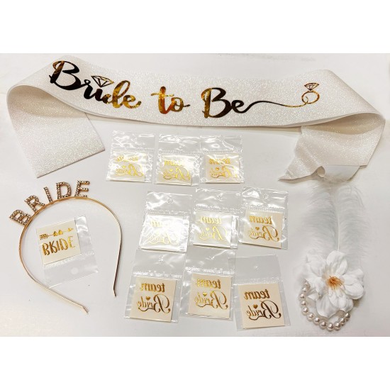 Altın Renk Bride Partisi Taç Kuşak Dövme Bileklik Seti Full 13 Parça Altın Renk Bride Partisi Taç Kuşak Dövme Bileklik Seti Full 13 Parça