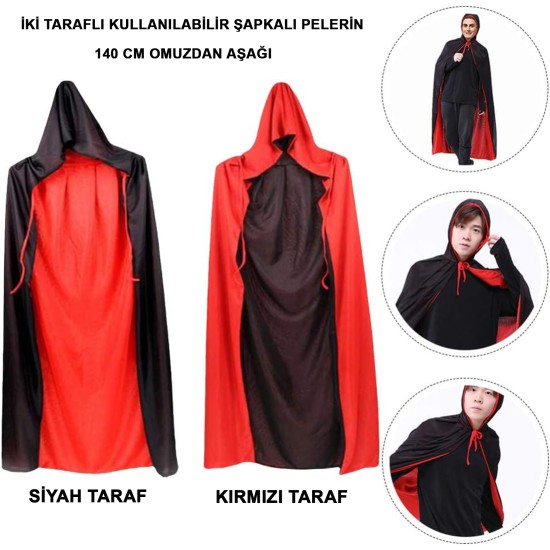 Çift Taraflı Kullanılabilir Siyah Kırmızı Kapişonlu Pelerin 140 cm Yetişkin Çift Taraflı Kullanılabilir Siyah Kırmızı Kapişonlu Pelerin 140 cm Yetişkin