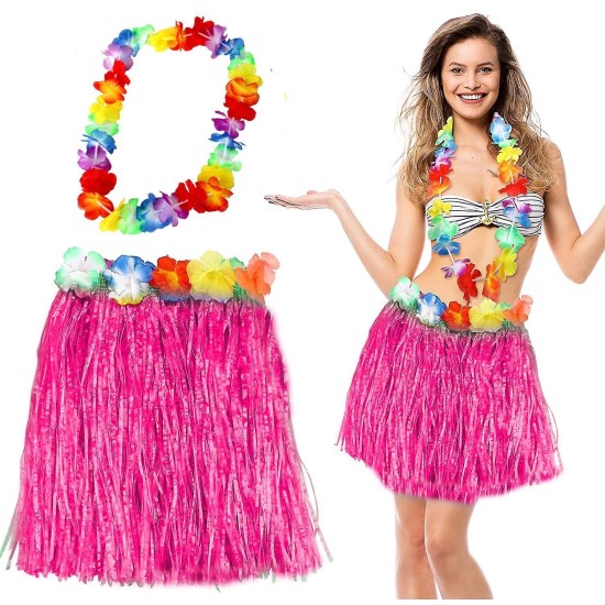 Hawaii Luau ha Pembe Püsküllü 40 cm Etek ve Hawaii Kolye Seti Hawaii Luau ha Pembe Püsküllü 40 cm Etek ve Hawaii Kolye Seti