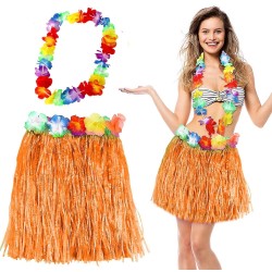 Hawaii Luau ha Tcu Püsküllü 40 cm Etek ve Hawaii Kolye Seti