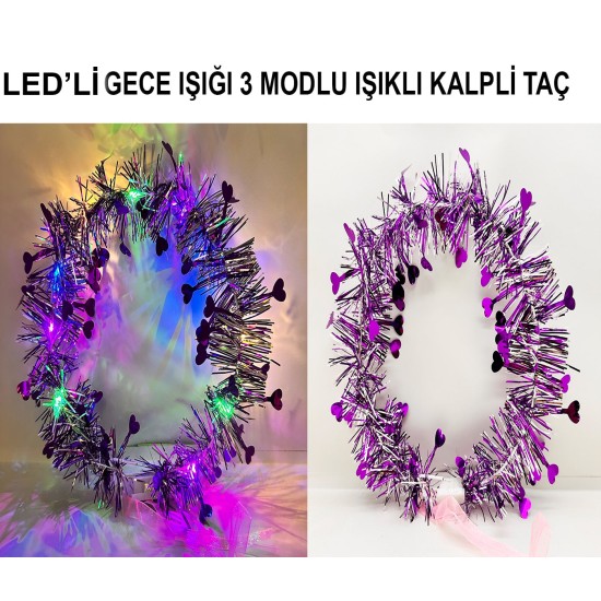 Kalp Püsküllü Gece Parıltısı 3 Modlu LED'li Işıklı Taç Mor Renk Kalp Püsküllü Gece Parıltısı 3 Modlu LED'li Işıklı Taç Mor Renk