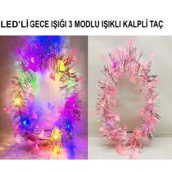Kalp Püsküllü Gece Parıltısı 3 Modlu LED&#39;li Işıklı Taç Pembe Renk
