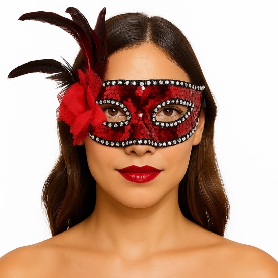 Kırmızı Renk Yandan Tüylü Güllü Gümüş Taşlı Pullu Maske 20x22 cm Kırmızı Renk Yandan Tüylü Güllü Gümüş Taşlı Pullu Maske 20x22 cm