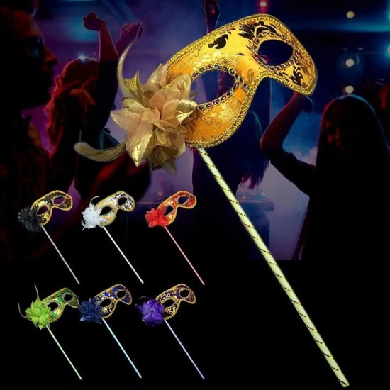 Lüks Taşlı Saplı Maskeli B Maskesi Altın Renk 35 cm
