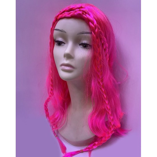Neon Pembe Renk Örgülü Helen Karakter Peruğu Takma Saç Neon Pembe Renk Örgülü Helen Karakter Peruğu Takma Saç