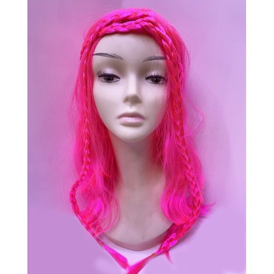 Neon Pembe Renk Örgülü Helen Karakter Peruğu Takma Saç Neon Pembe Renk Örgülü Helen Karakter Peruğu Takma Saç