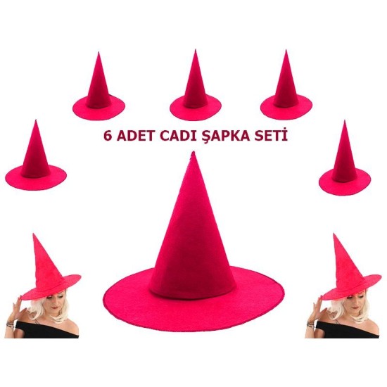 Pembe Fuşya Renk Keçe Cadı Şapkası Yetişkin Çocuk Uyumlu 6 Adet Pembe Fuşya Renk Keçe Cadı Şapkası Yetişkin Çocuk Uyumlu 6 Adet
