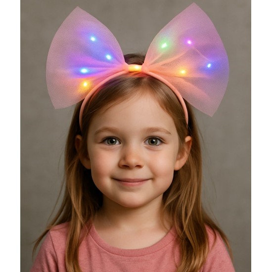 Rengarenk Led Işıklı Fiyonk Şekilli Tül Parti Tacı Pembe Renk 25x25 cm Rengarenk Led Işıklı Fiyonk Şekilli Tül Parti Tacı Pembe Renk 25x25 cm
