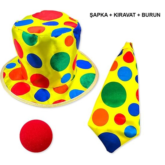 Renkli Palyaço Kostüm Seti – 3 Parça Aksesuar (Şapka, Kravat, B) Renkli Palyaço Kostüm Seti – 3 Parça Aksesuar (Şapka, Kravat, B)