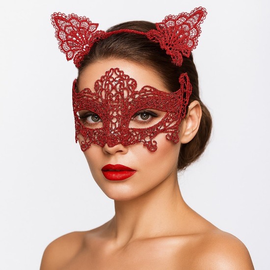 Romantik Kırmızı Dantel Maske Seti – Kedi Kulaklı Taç ve Maske 3 No Romantik Kırmızı Dantel Maske Seti – Kedi Kulaklı Taç ve Maske 3 No