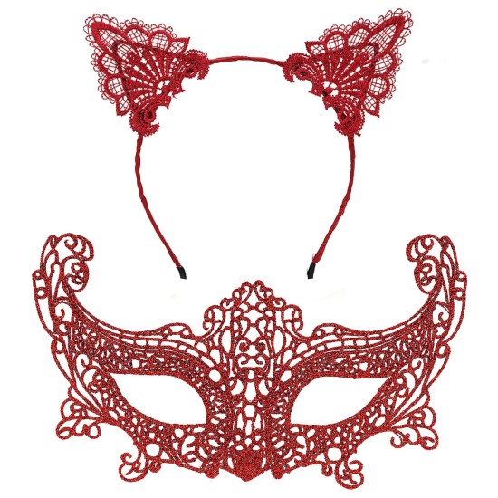 Romantik Kırmızı Dantel Maske Seti – Kedi Kulaklı Taç ve Maske 3 No Romantik Kırmızı Dantel Maske Seti – Kedi Kulaklı Taç ve Maske 3 No