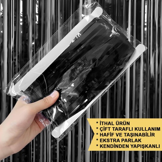 Siyah Renk Ekstra Metalize Parlak Saçaklı Arka Fon Perde İthal A Kalite 1x2 Metre Siyah Renk Ekstra Metalize Parlak Saçaklı Arka Fon Perde İthal A Kalite 1x2 Metre