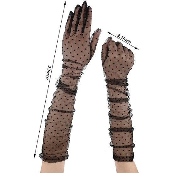 Uzun Boy Siyah Puantiyeli Siyah Renk Yetişkin Tül Eldiven 55 cm Uzun Boy Siyah Puantiyeli Siyah Renk Yetişkin Tül Eldiven 55 cm