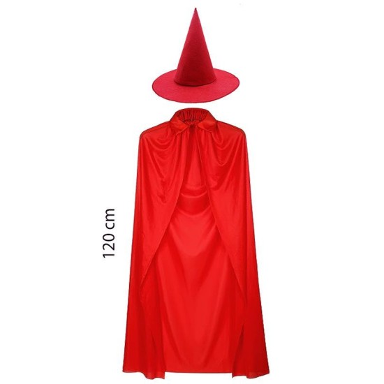 Yetişkin Boy 120 cm Kırmızı Yakalı Pelerin ve Kırmızı Cadı Şapkası Yetişkin Boy 120 cm Kırmızı Yakalı Pelerin ve Kırmızı Cadı Şapkası