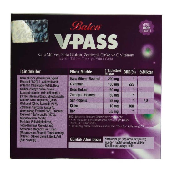 V-Pass Kara Mürverli Zerdeçallı Çinko ve C Vitaminli 1000 Mg X 30 Tablet V-Pass Kara Mürverli Zerdeçallı Çinko ve C Vitaminli 1000 Mg X 30 Tablet