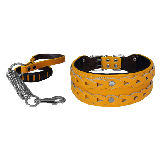 Deri İşlemeli Lüks Köpek Tasma Seti XL 7 cm*60-68 cm Sarı Deri İşlemeli Lüks Köpek Tasma Seti XL 7 cm*60-68 cm Sarı