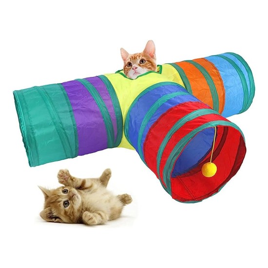 Gökkuşağı Desenli T Model Kedi Oyun Tüneli, Katlanabilir 50 x 75 cm