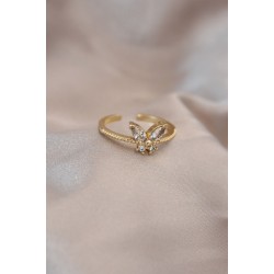 Ayarlamalı Altın Renk Metal Zirkon Taş ve Kristal Taşlı Kelebek Model Yüzük - Lisinya