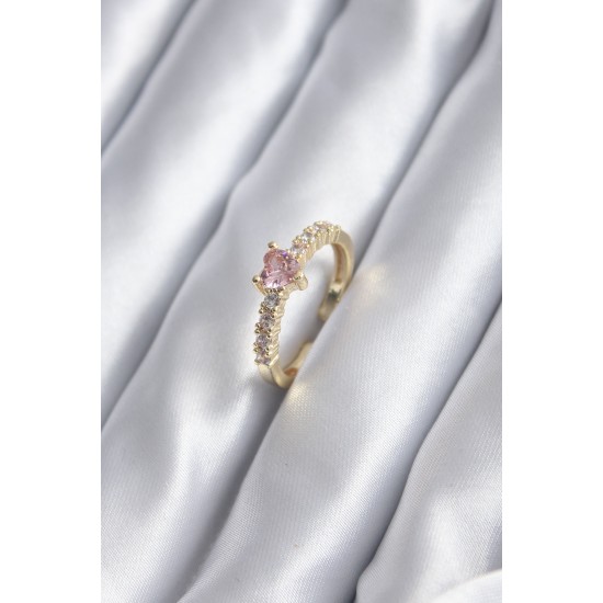 Gold Renk Zirkon Taşlı Pembe Kristal Kalp Model Kadın Yüzük - Lisinya Gold Renk Zirkon Taşlı Pembe Kristal Kalp Model Kadın Yüzük - Lisinya