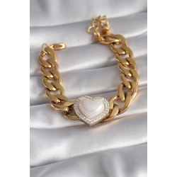 316L Çelik Gold Renk Pembe 3D Kalp Model Zirkon Taşlı Kadın Bileklik - Lisinya