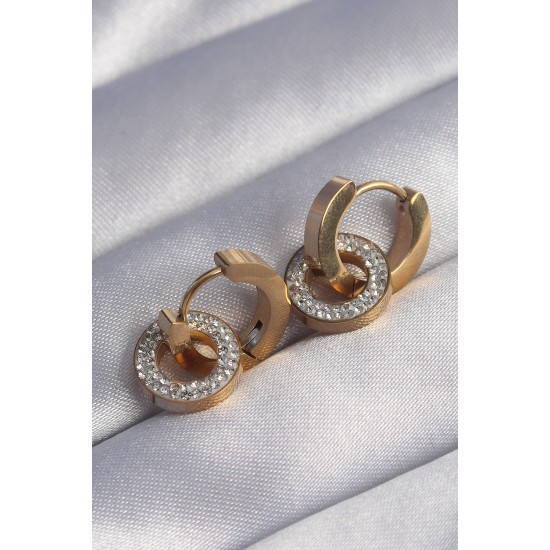 316L Çelik Gold Renk Zirkon Taşlı İç İçe Geçmeli Oval Küpe - Lisinya 316L Çelik Gold Renk Zirkon Taşlı İç İçe Geçmeli Oval Küpe - Lisinya