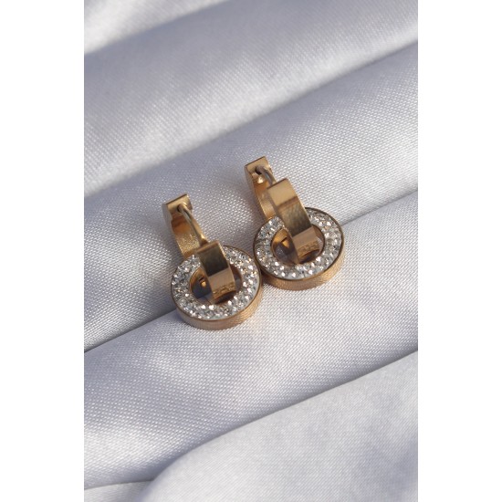 316L Çelik Gold Renk Zirkon Taşlı İç İçe Geçmeli Oval Küpe - Lisinya 316L Çelik Gold Renk Zirkon Taşlı İç İçe Geçmeli Oval Küpe - Lisinya