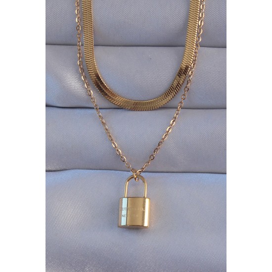 316L Çelik Gold Renk Çift Zincir Kilit Model Kolye - Lisinya 316L Çelik Gold Renk Çift Zincir Kilit Model Kolye - Lisinya