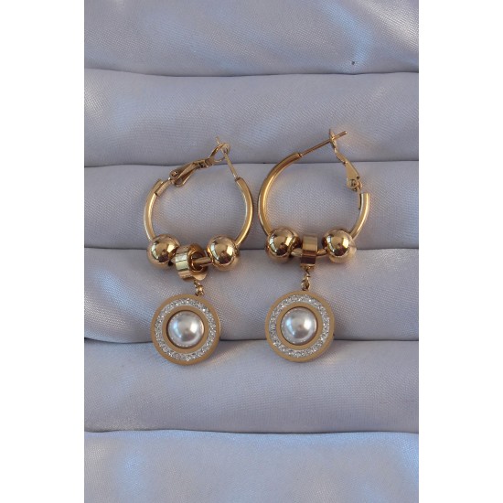 316L Çelik Gold Renk Zirkon ve İnci Taşlı Model Halka Küpe - Lisinya 316L Çelik Gold Renk Zirkon ve İnci Taşlı Model Halka Küpe - Lisinya