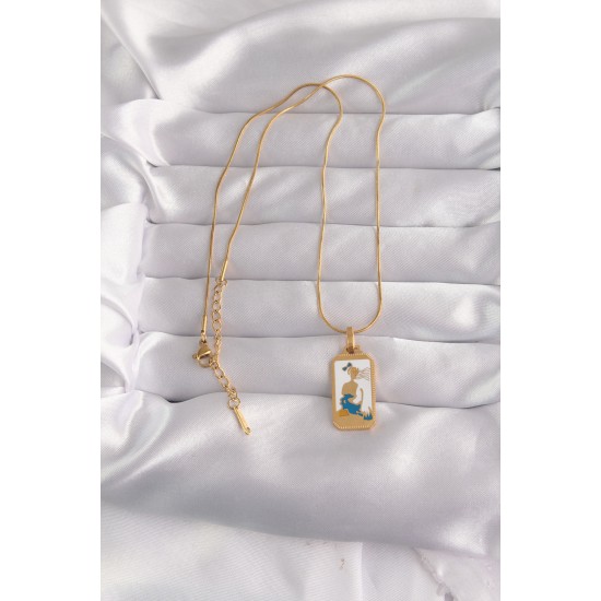 316L Çelik Gold Renk Beyaz Mineli Kız Figür Tarot Kolye - Lisinya 316L Çelik Gold Renk Beyaz Mineli Kız Figür Tarot Kolye - Lisinya